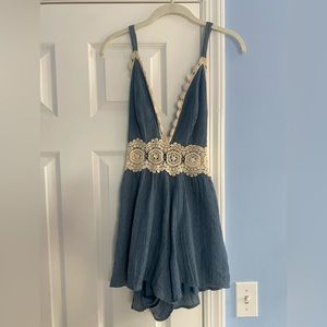 Summer Romper - Blue with White Lace Accents